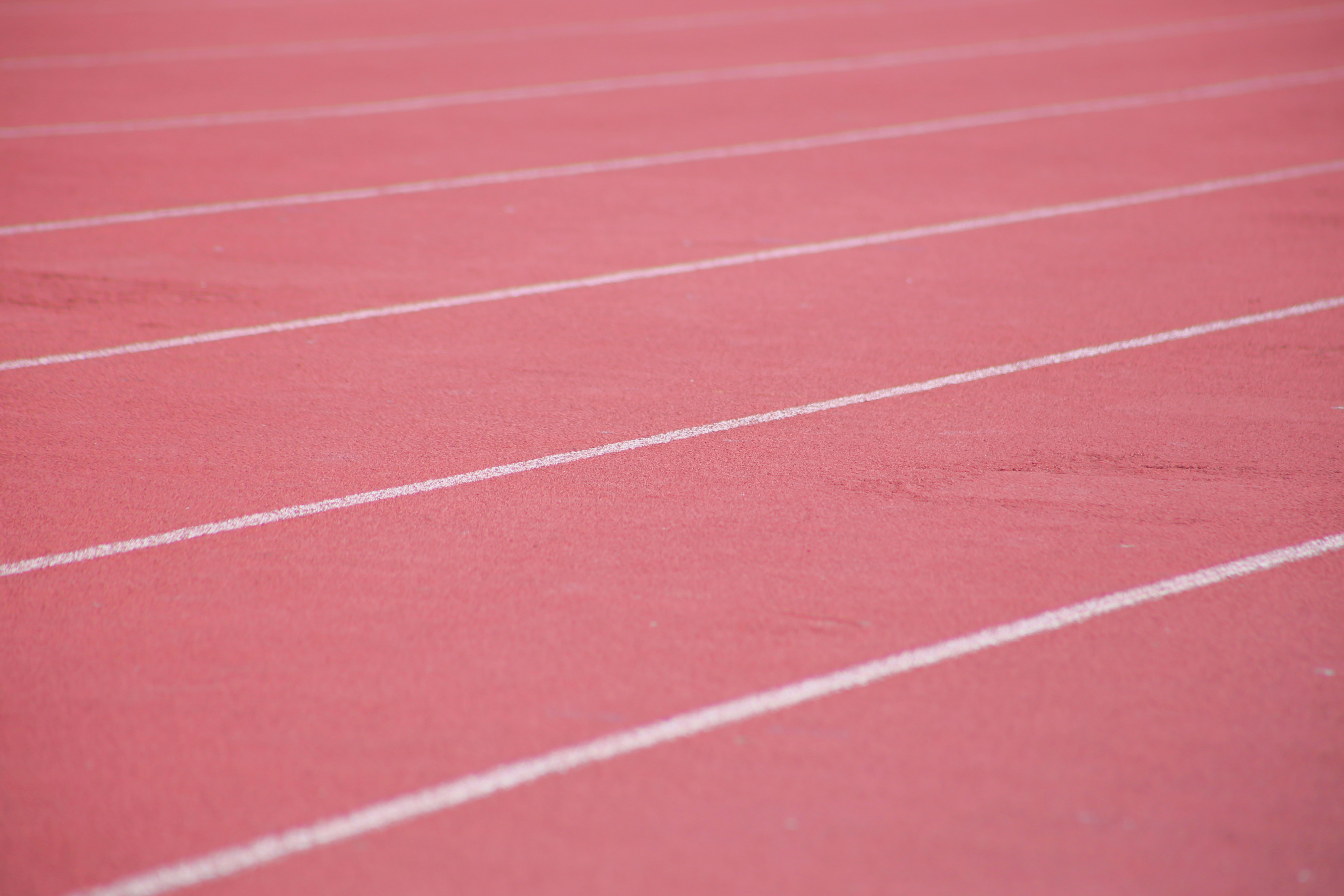 A close-up of a running track with white lines.