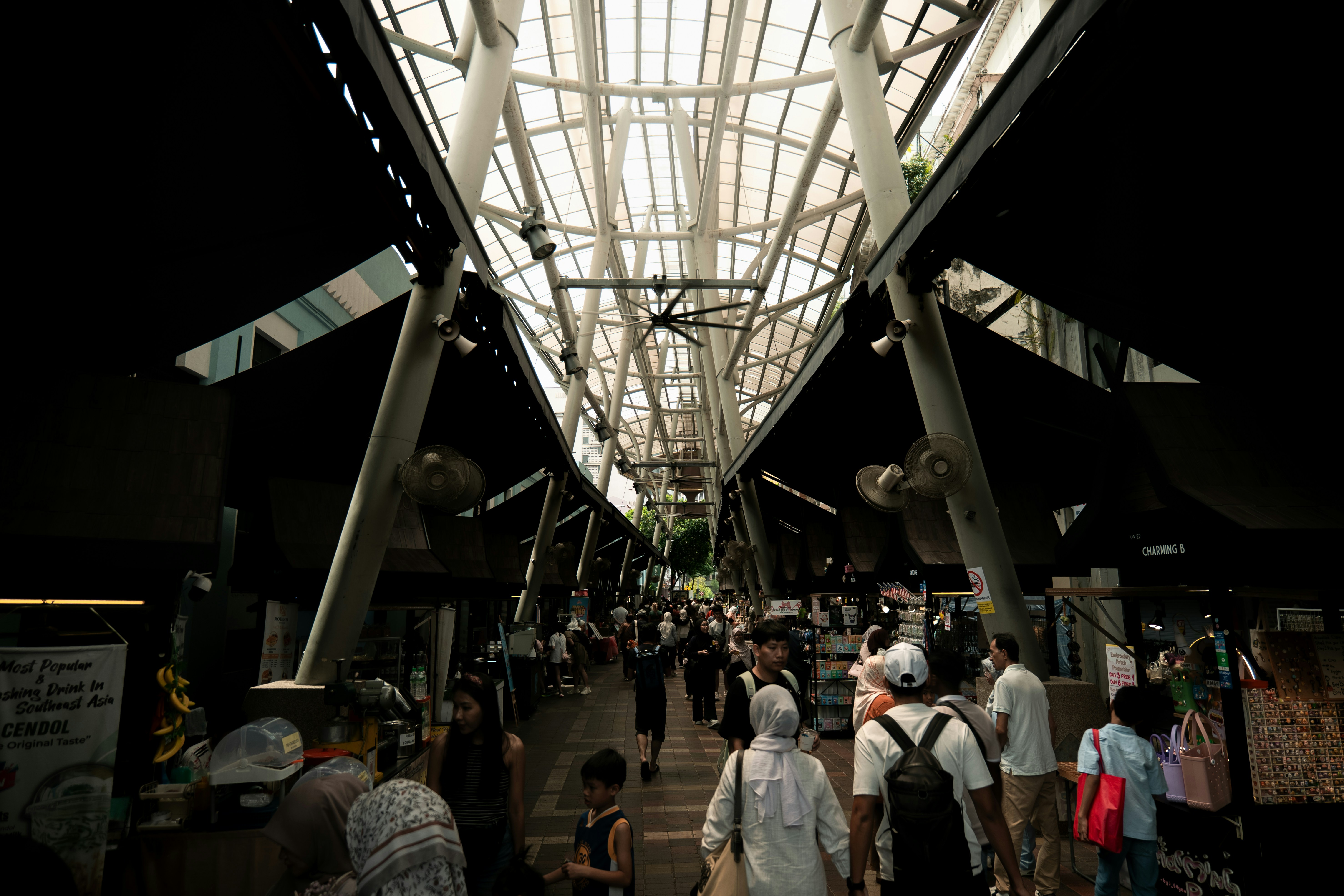 Crowded walkway with a modern glass ceiling