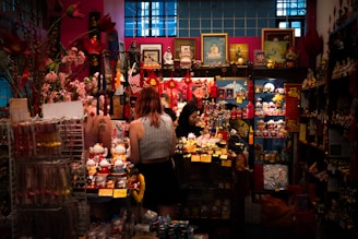 A busy shop filled with various trinkets and figurines.