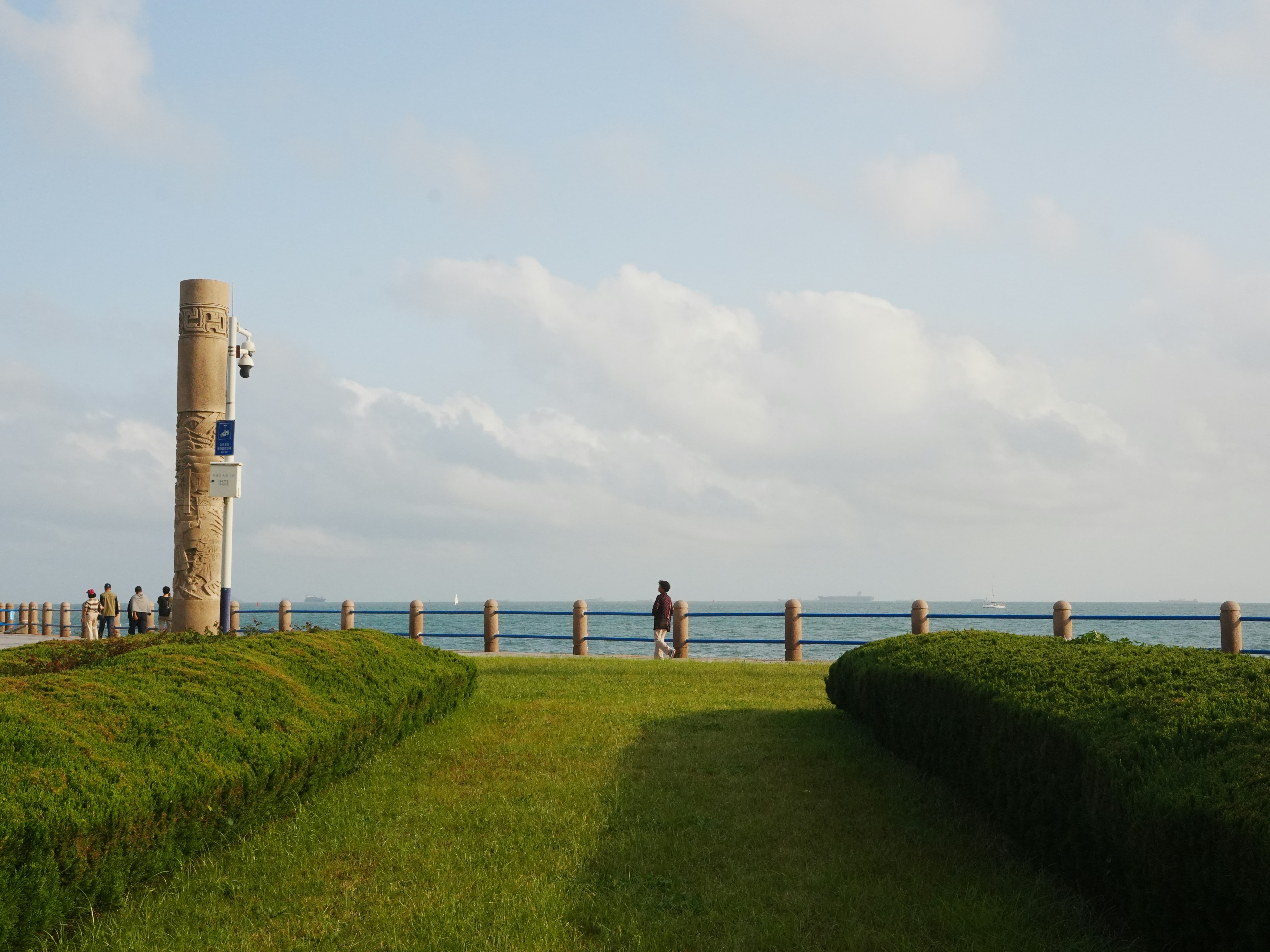 Person walking by the ocean with green grass.