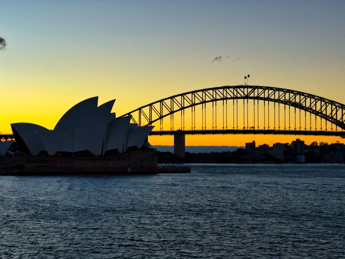 Sydney Opera House and Harbour Bridge at sunset