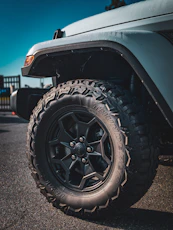 Close-up of a rugged off-road tire on a jeep.