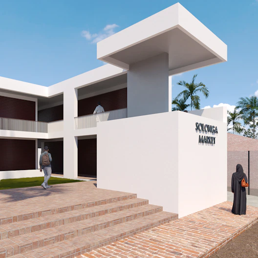 Modern white building with palm trees and people.