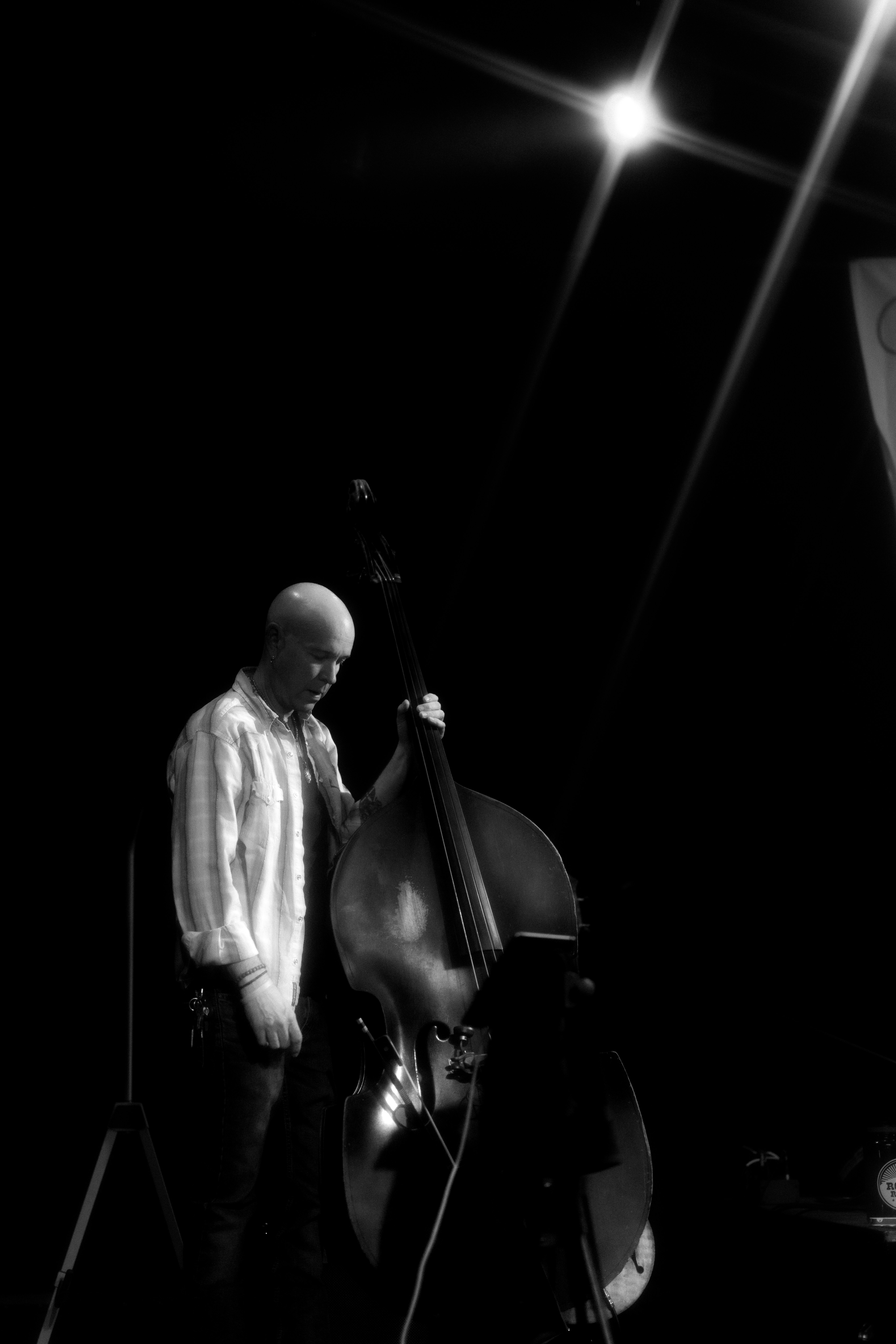 Man with upright bass on a dark stage