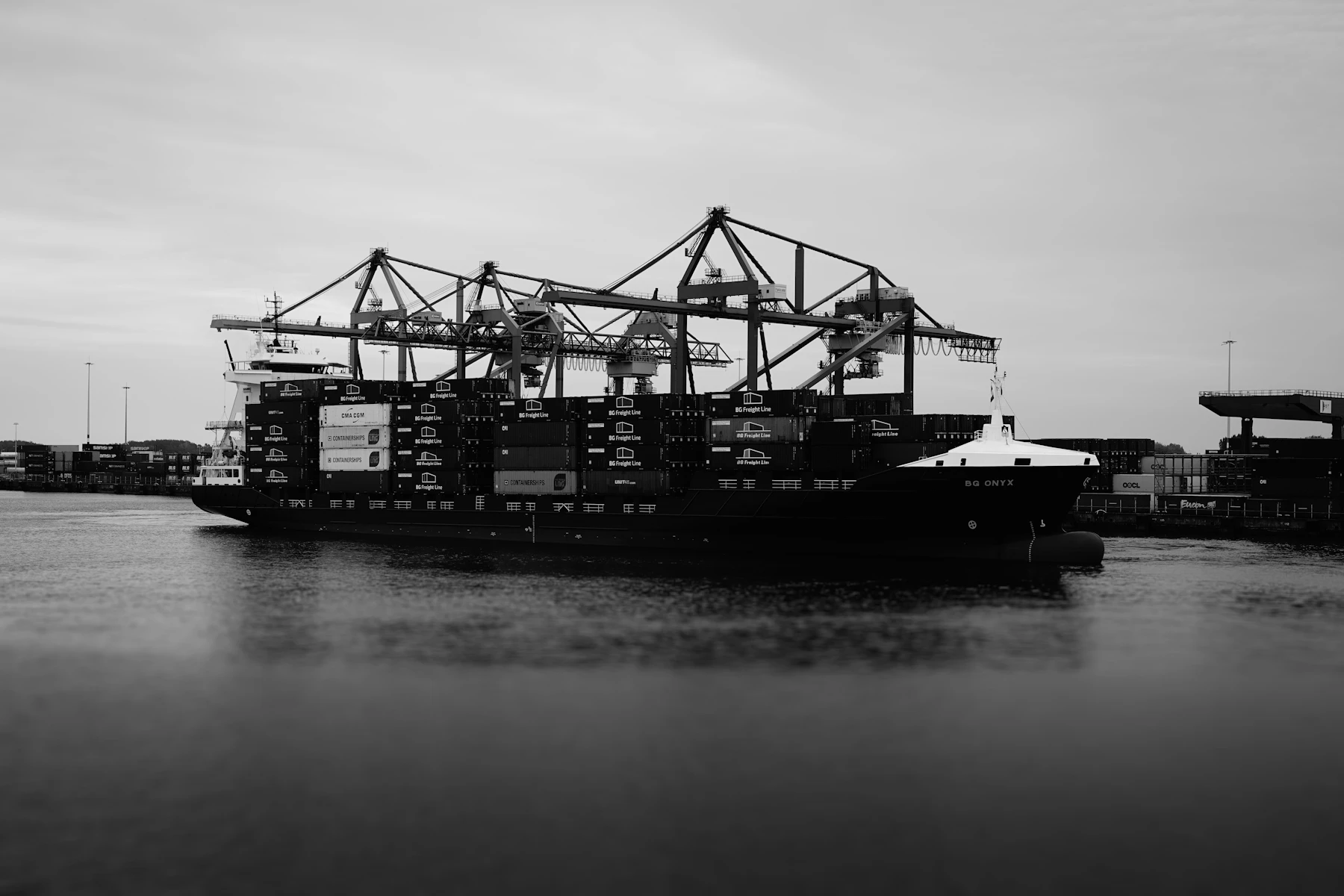 Container ship at port with cranes