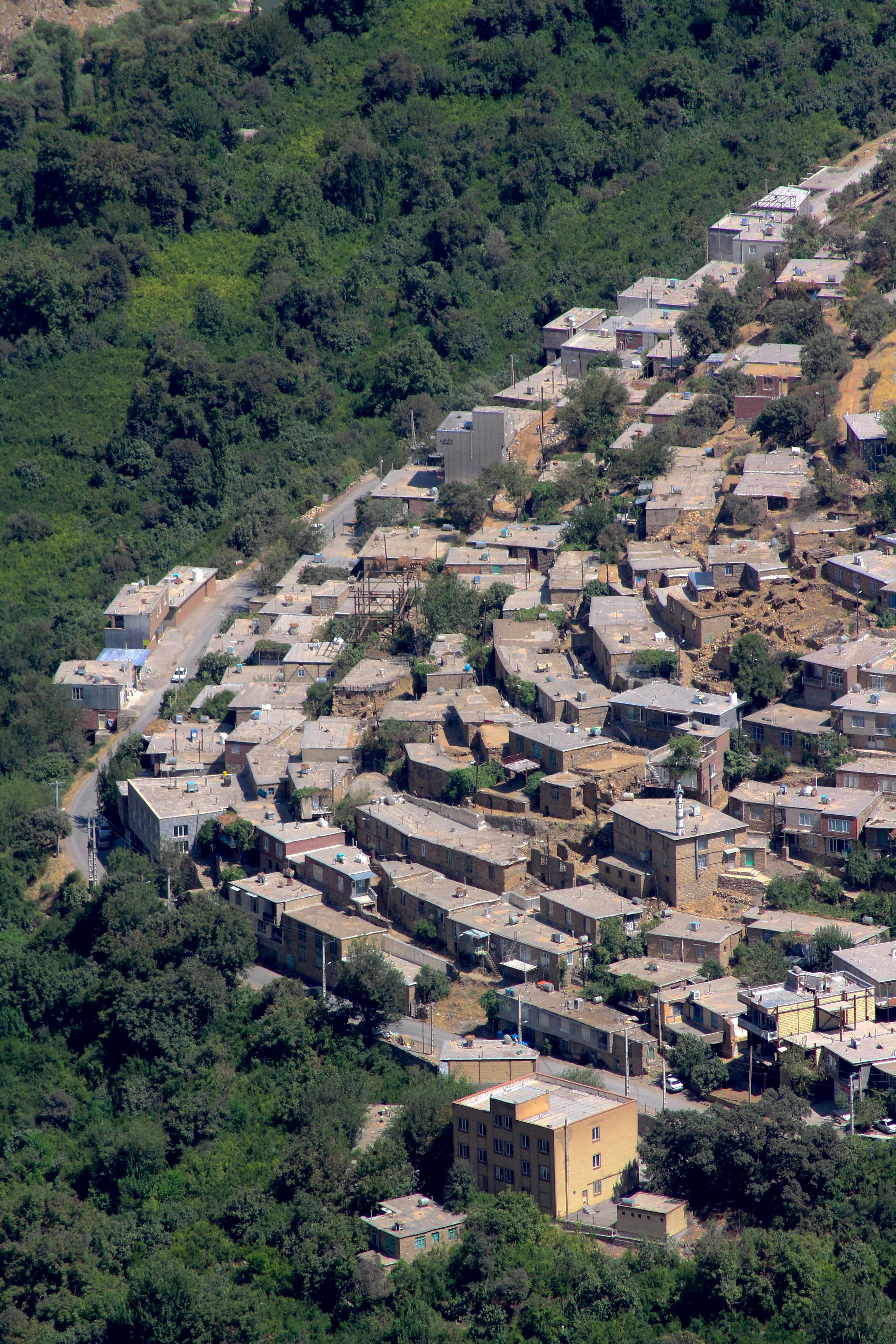 A hillside village nestled among lush green trees.