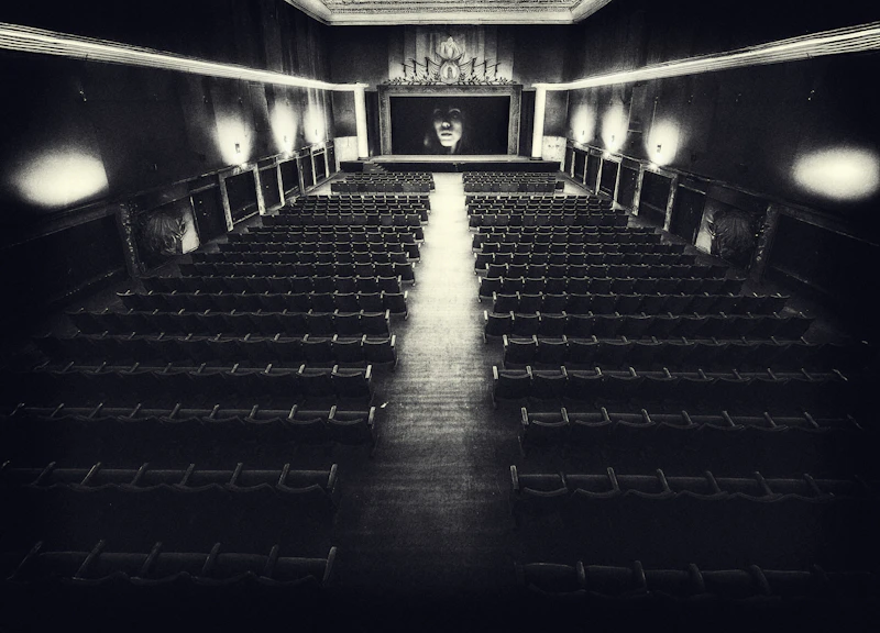 An empty cinema hall facing a bright screen in the dark — the room where the work finally lands.