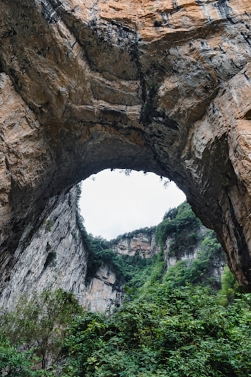 Natural rock archway with lush green foliage below
