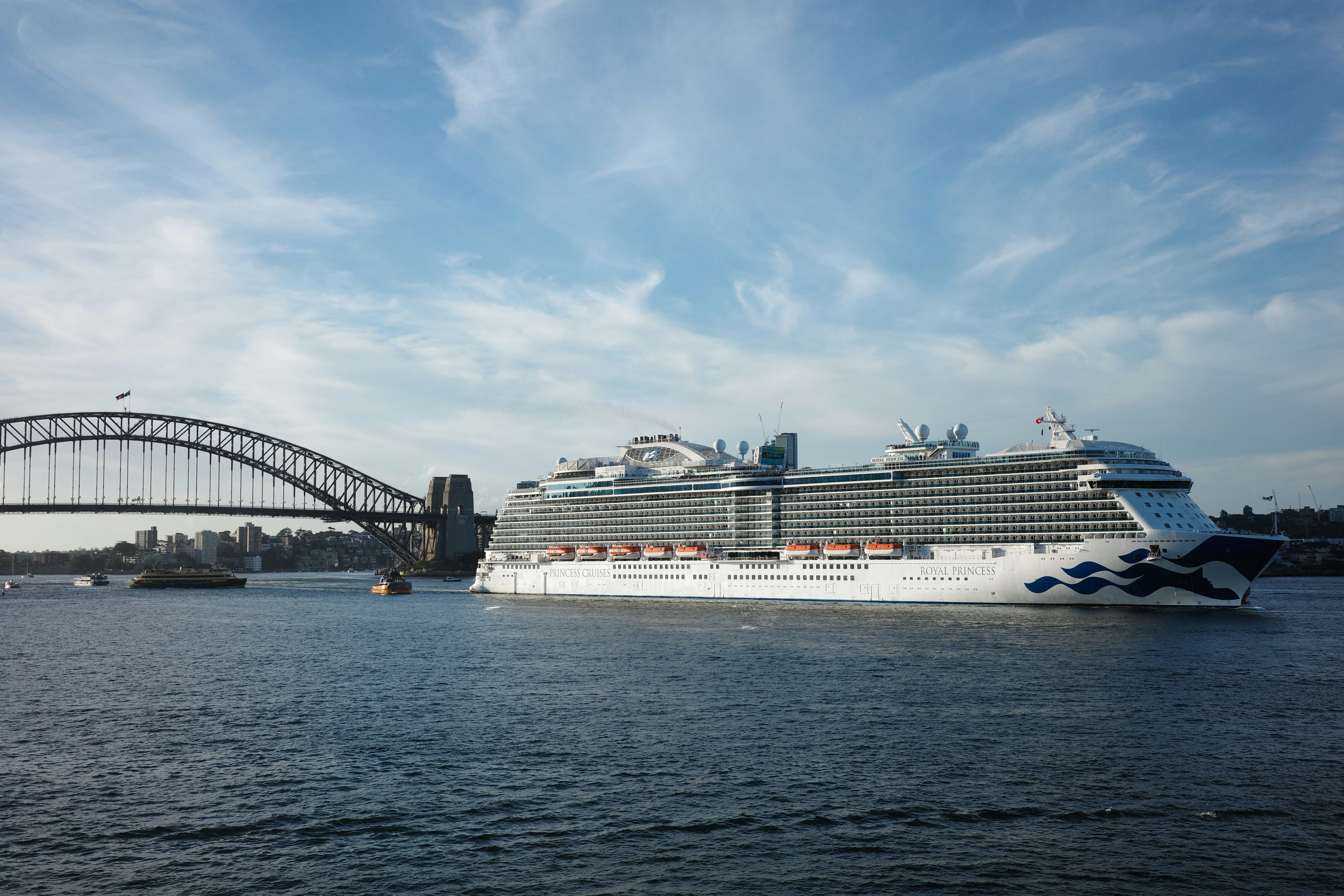Una grande nave da crociera naviga oltre il ponte del porto di Sydney