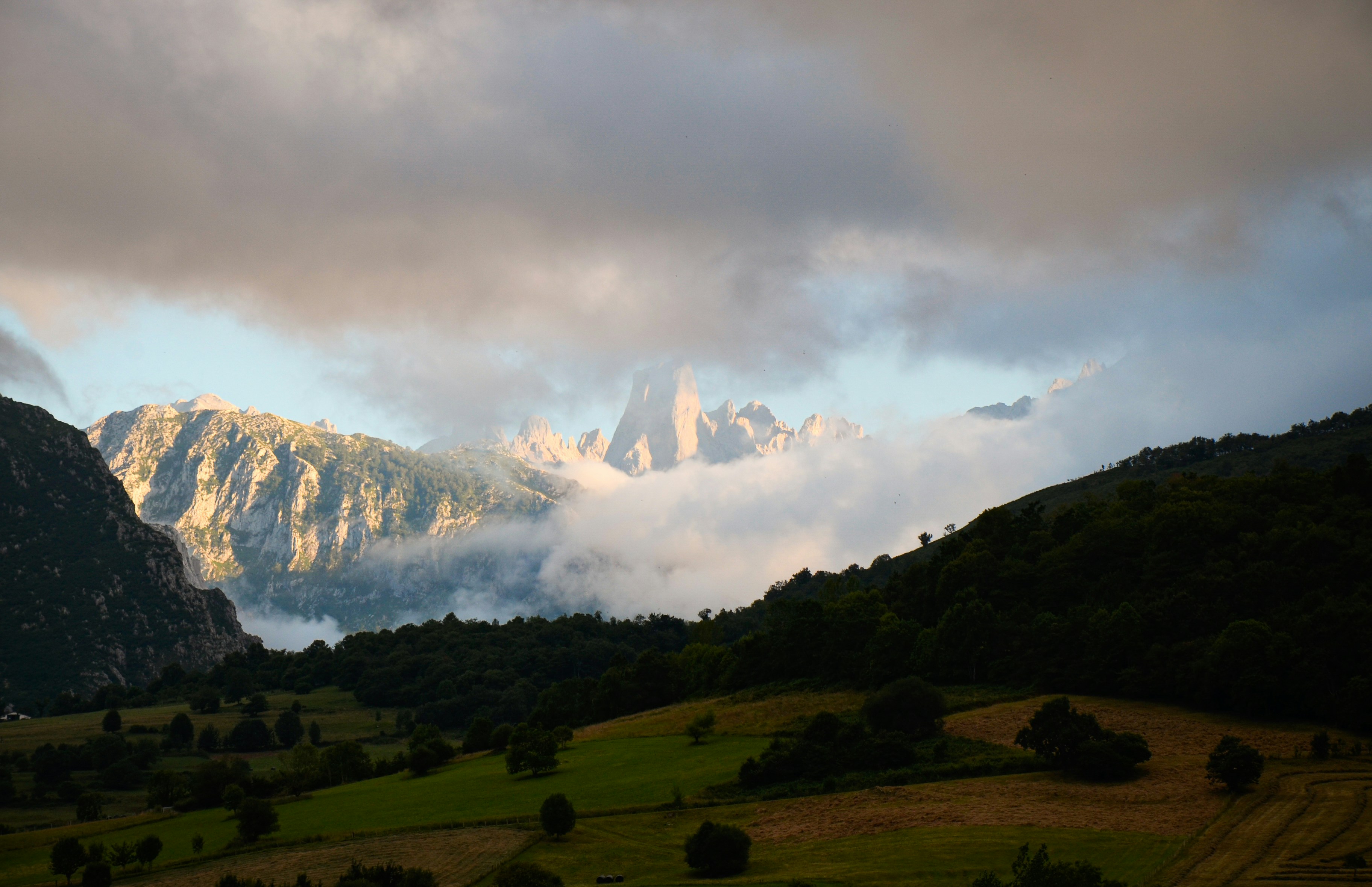 Mountain peaks emerge from low-lying clouds at dawn.