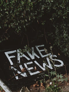 White text "fake news" written on dark surface