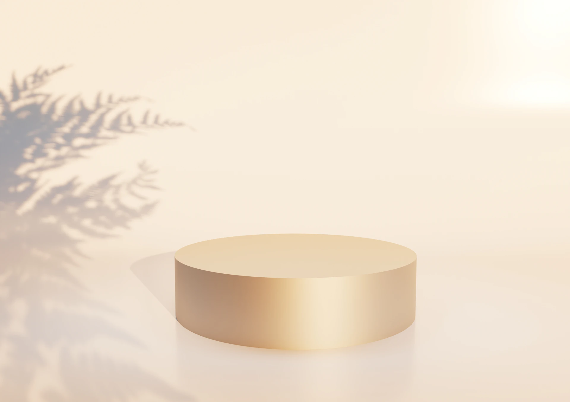 Golden podium with fern shadow and soft light.