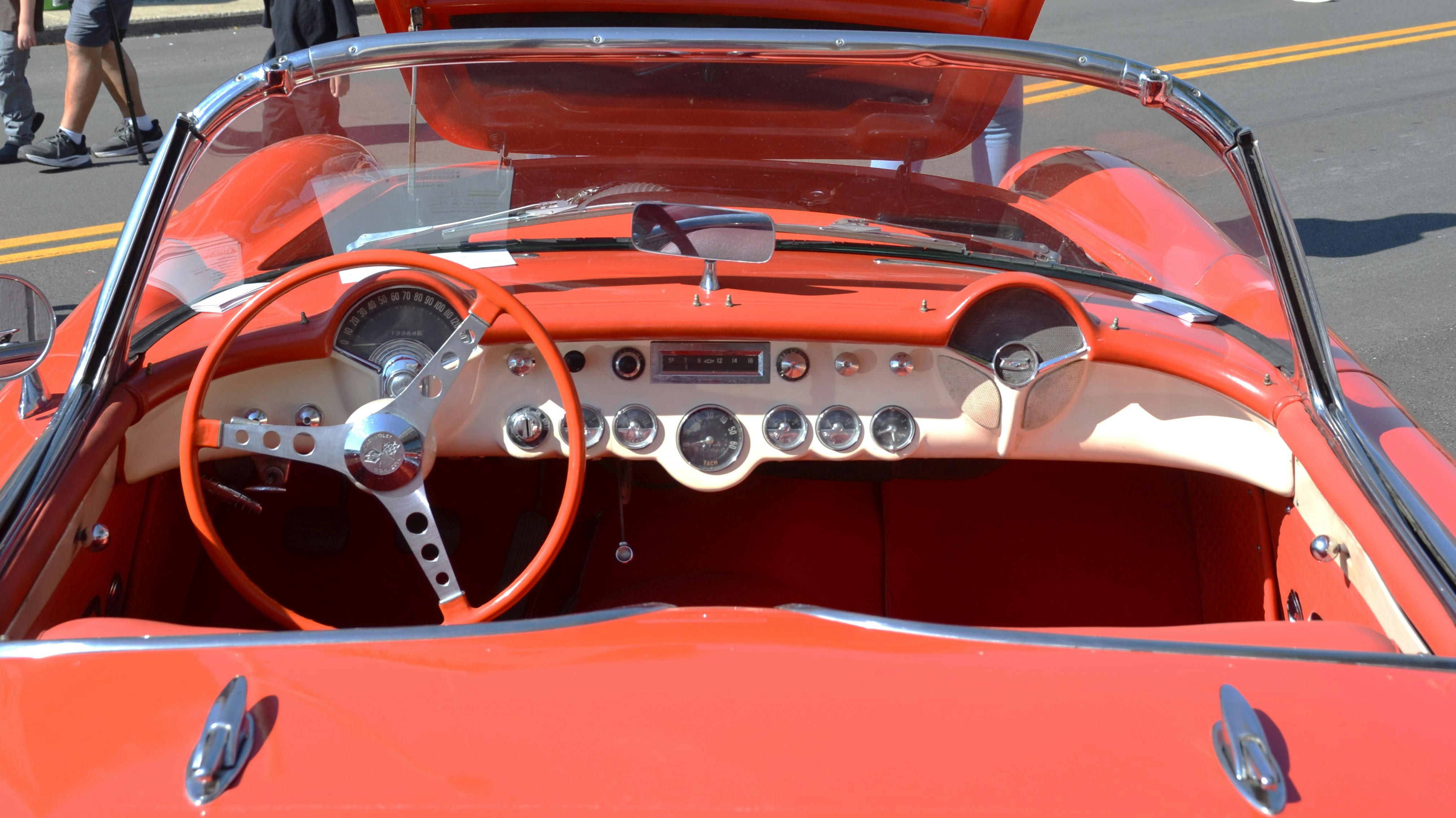 Interior of a vintage red convertible sports car