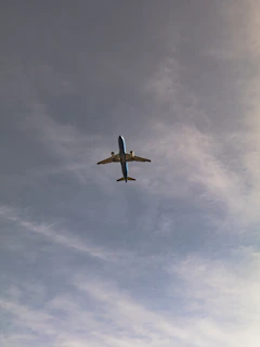 Airplane flying overhead against a cloudy sky