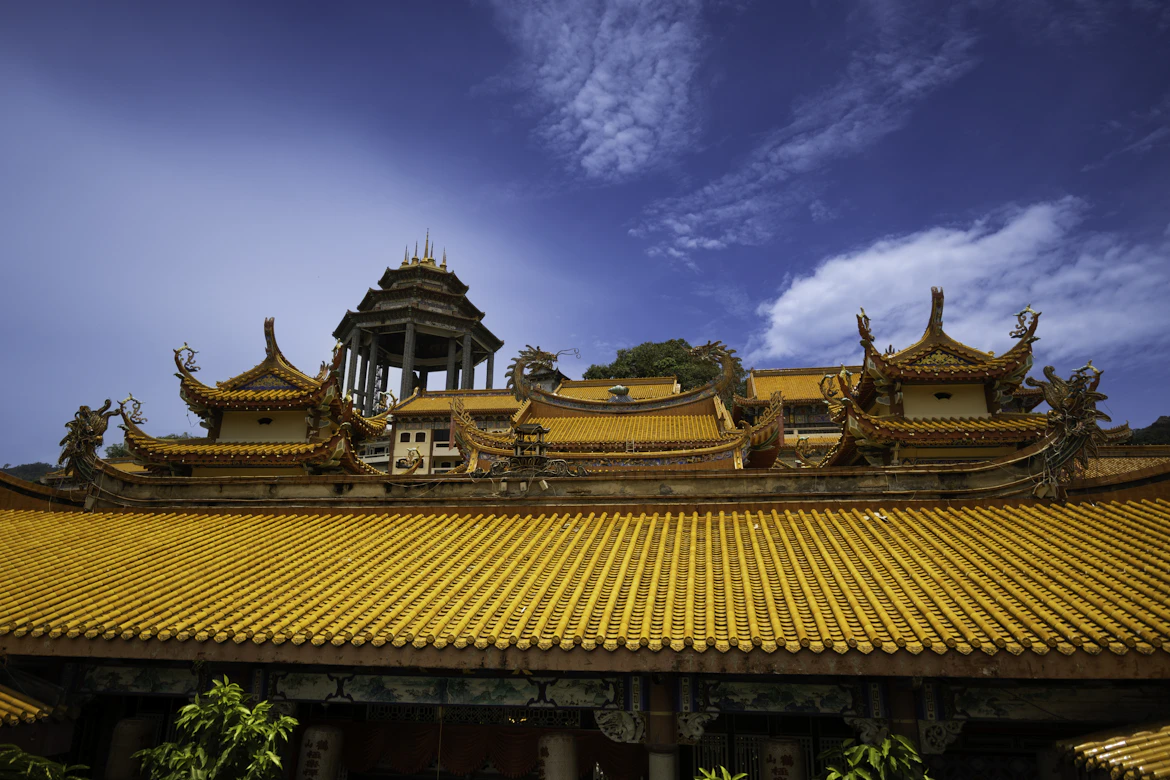 Kek Lok Si Temple glowing at dusk in Penang