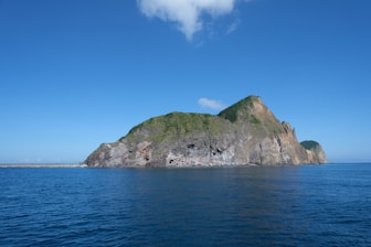 A rocky island with green vegetation in the ocean.