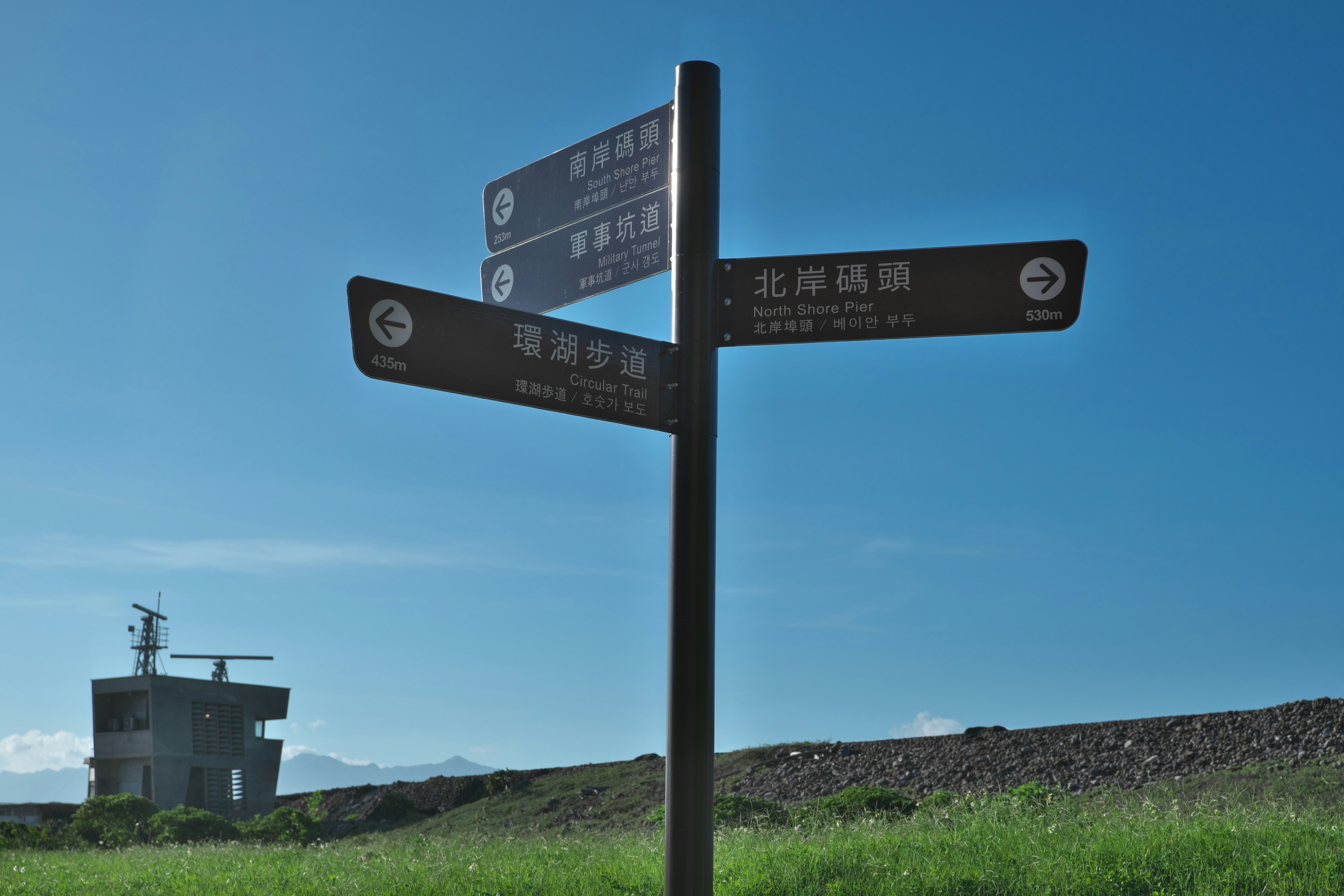 Signpost with directions against a blue sky