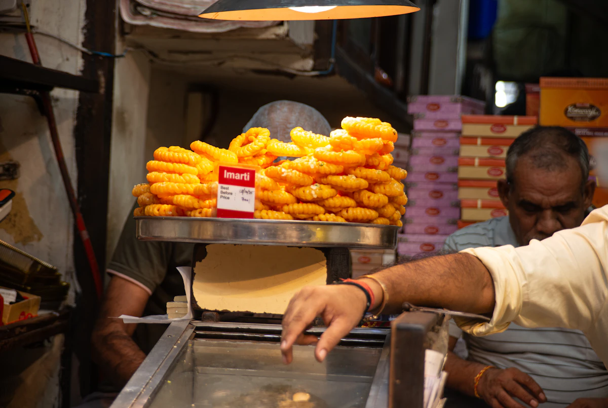 Traditional Indian mithai displayed at a sweets counter