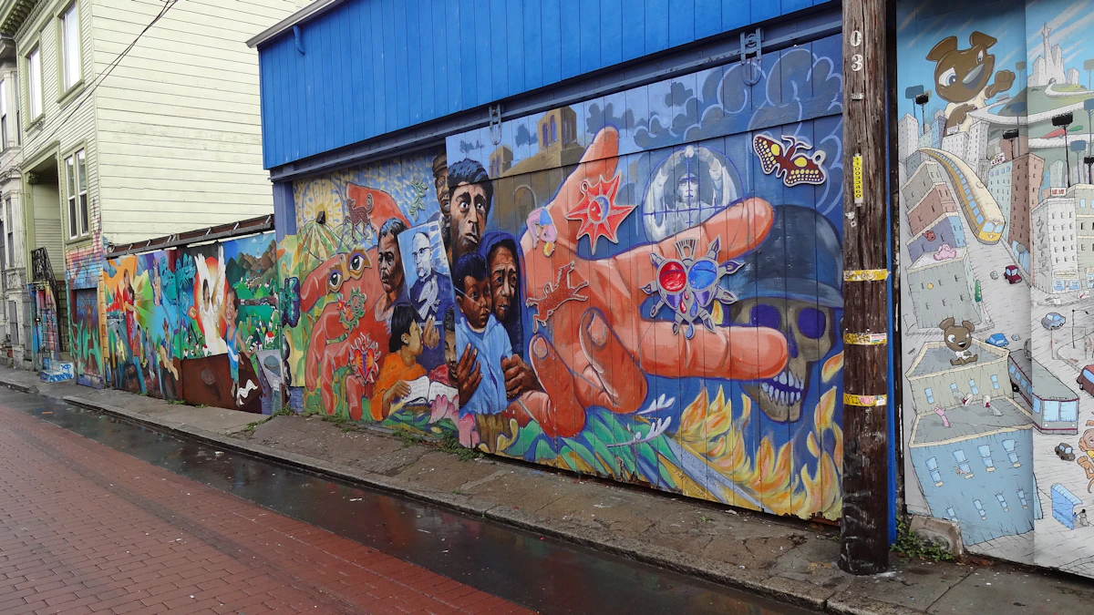 A long colourful community mural on a wall in San Francisco