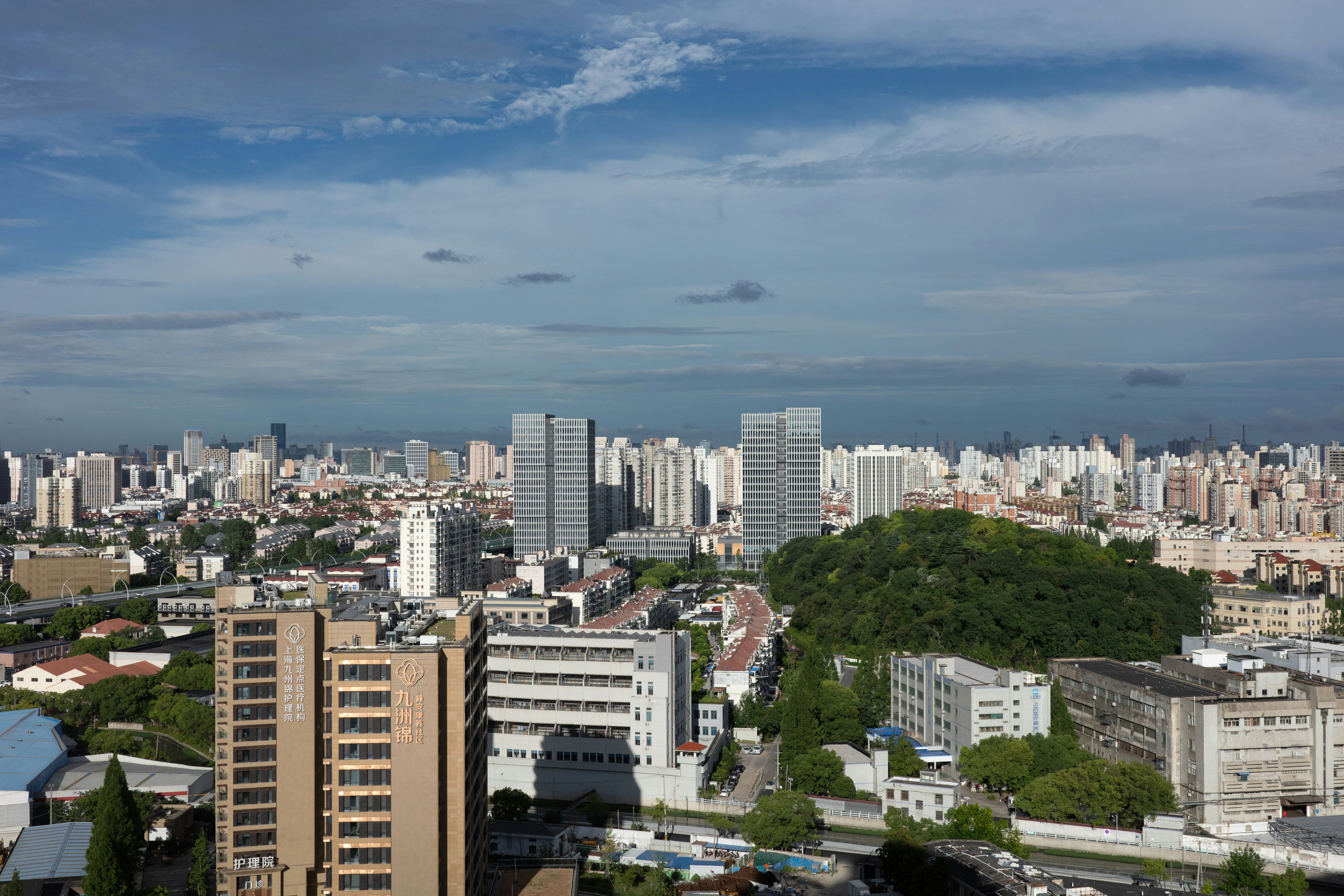 City skyline with tall buildings and a green hill.