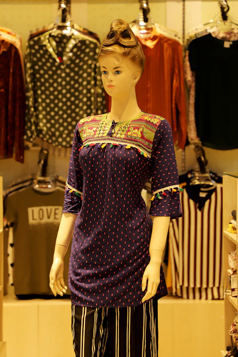 Block Print Tunic with Striped Pants, Purple