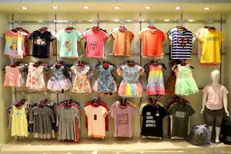 Children's clothing displayed on racks in a store.