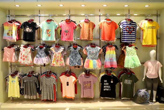 Racks of colourful children's clothes in a store