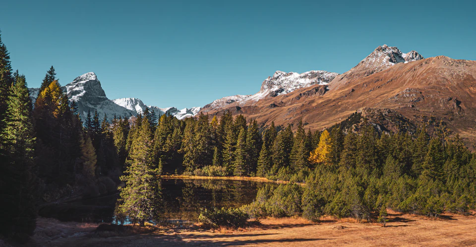 Serene mountain landscape with lake and surrounding trees, set against a clear blue sky