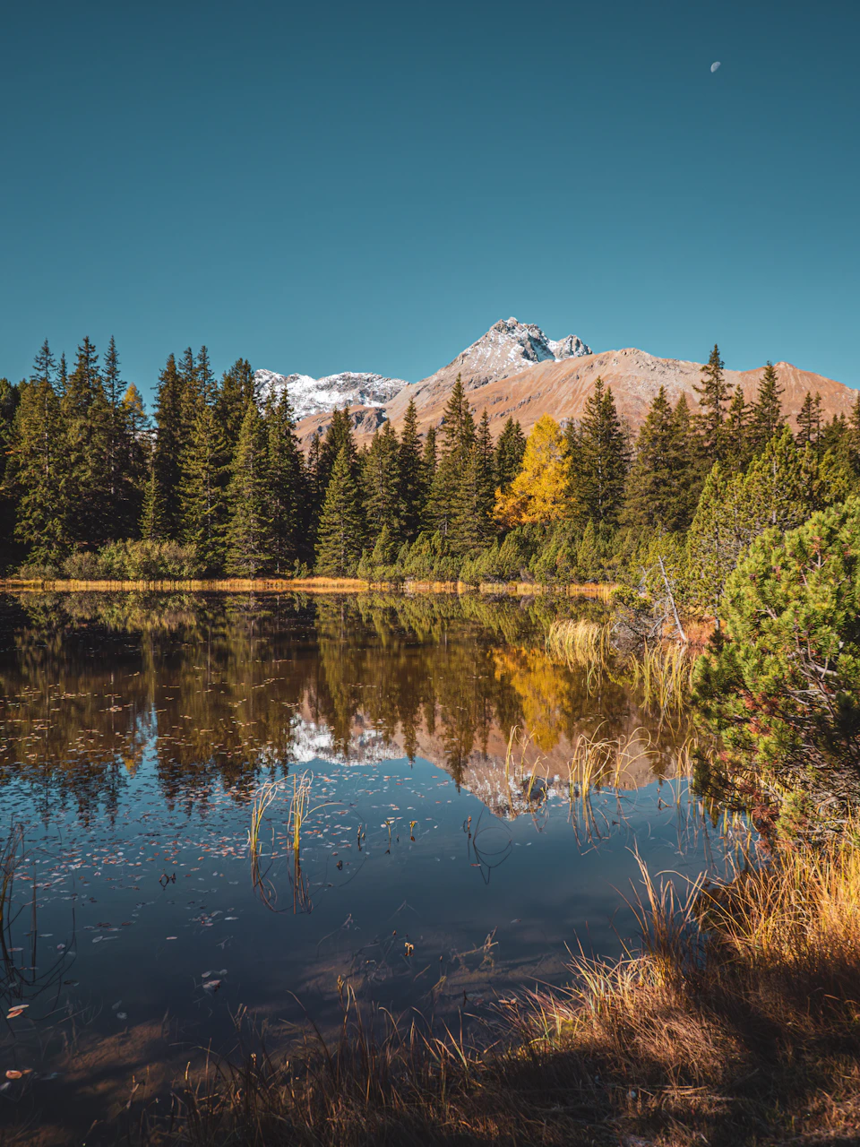 Serene autumn lake scene with reflected foliage and majestic mountains in the background