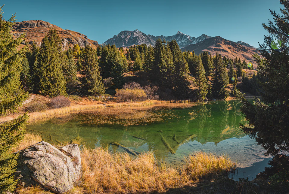 Serene mountain lake surrounded by lush greenery with calm waters reflecting clear blue sky above