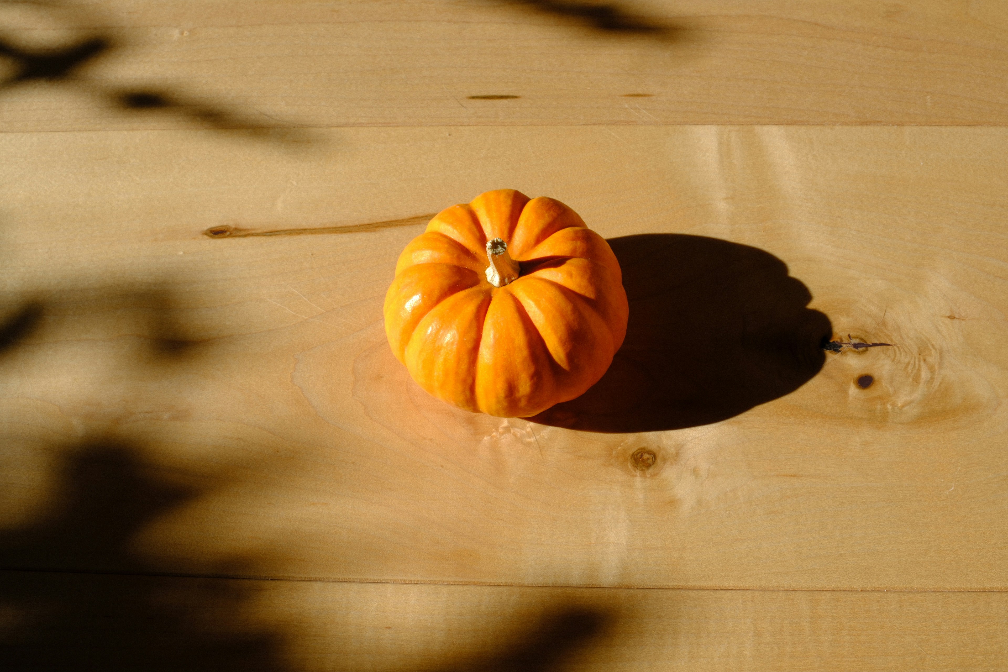 A small, bright orange pumpkin sits on a wooden surface.