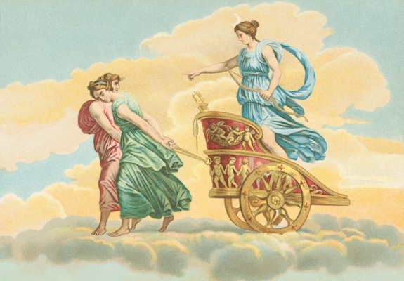 Three women in a chariot ascend into the clouds.