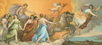 Mythological figures in a chariot pulled by horses