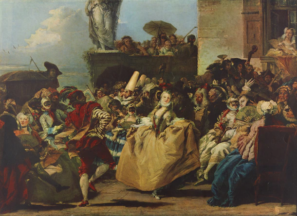 People in masks and costumes at a lively festival