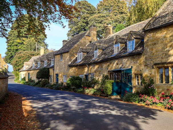 Row of quaint stone cottages with dormer windows