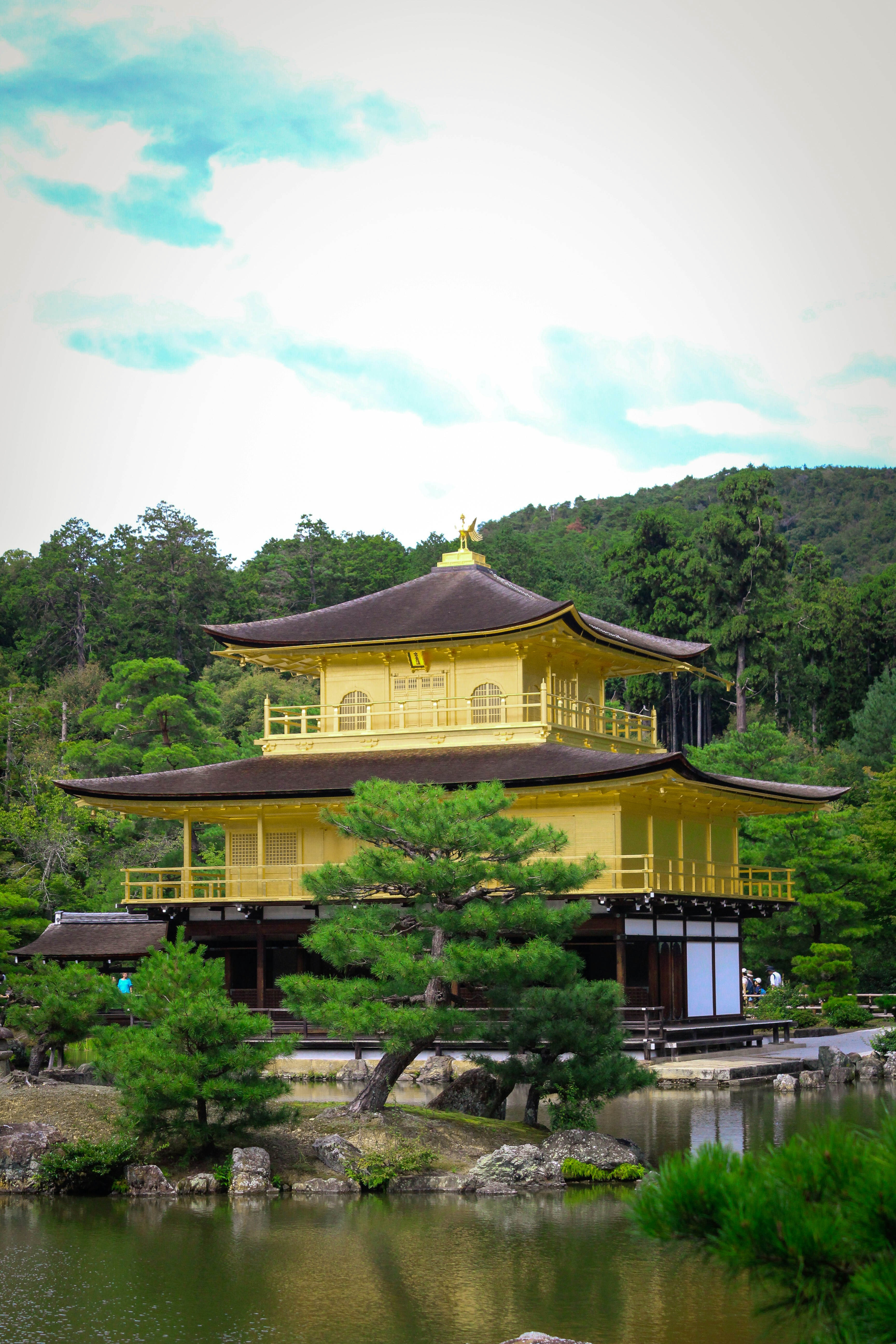 Golden pavilion temple surrounded by lush green trees.