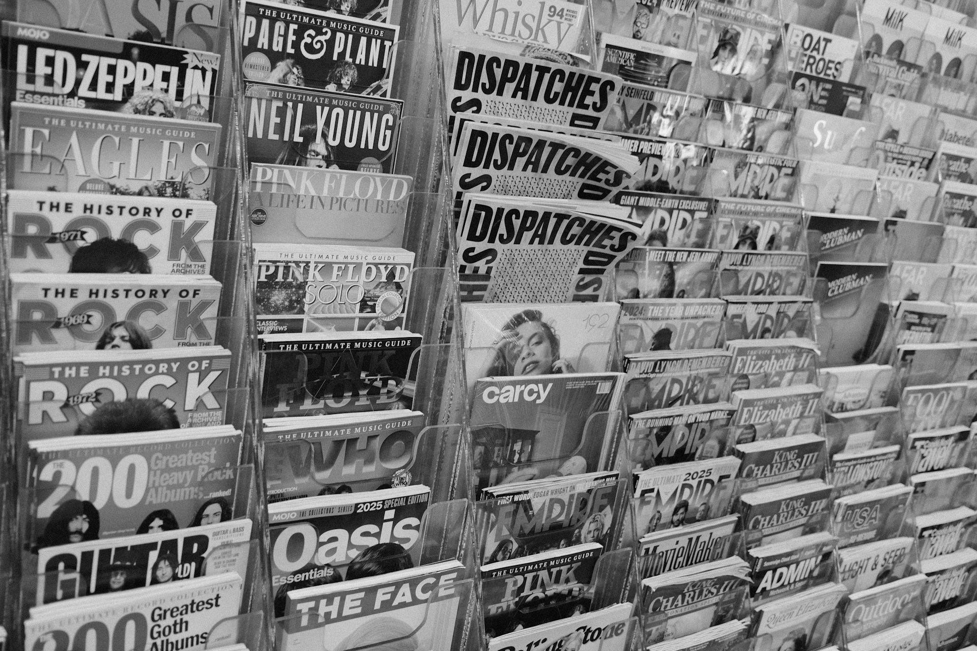 Magazines and newspapers displayed on a rack
