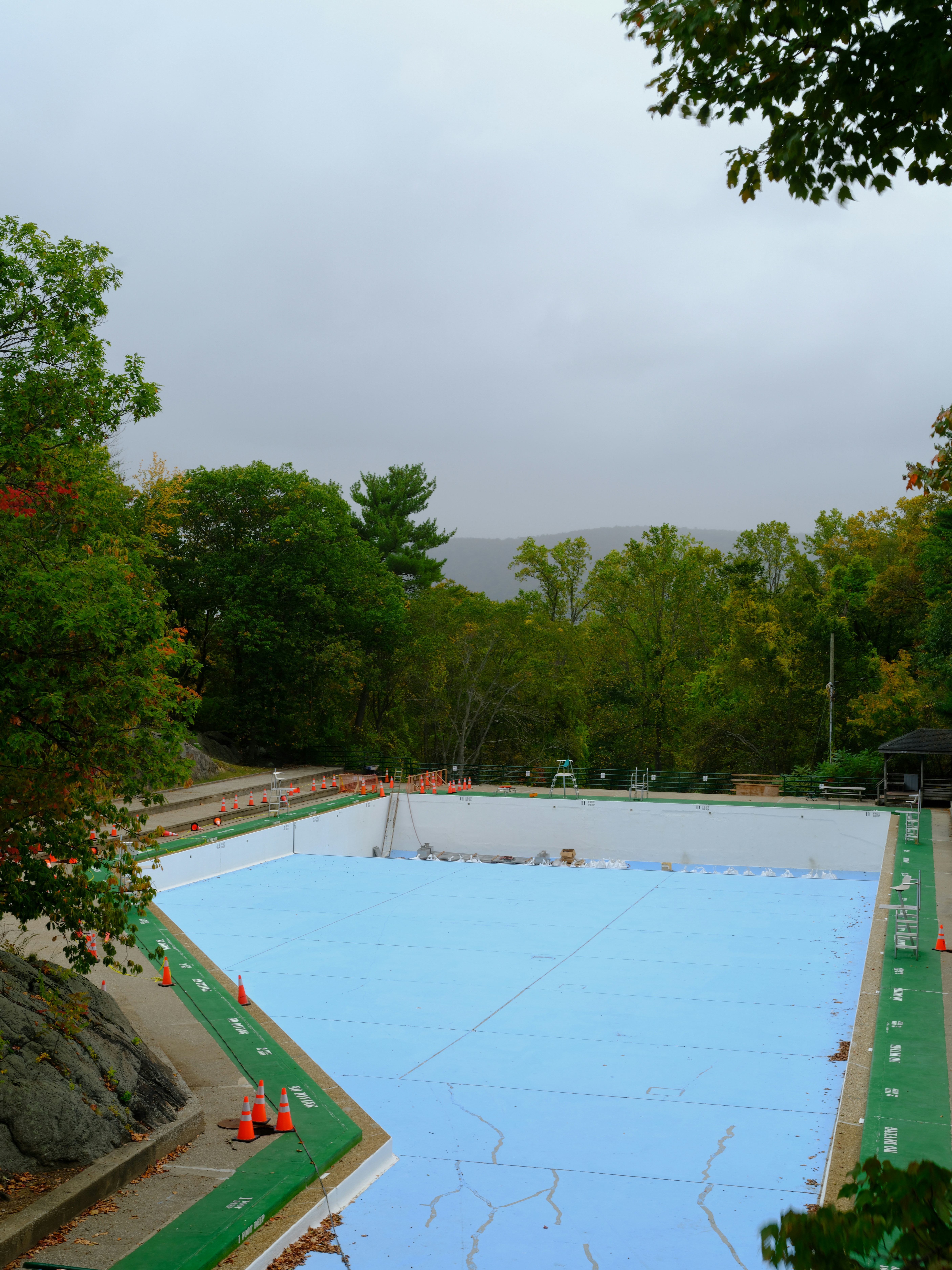 Empty swimming pool with blue liner and surrounding trees