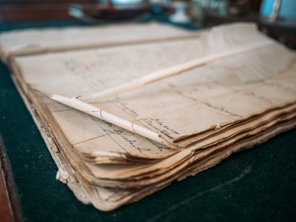 A close-up of an old, open ledger with handwritten notes.