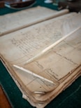Feather quill rests on an old handwritten ledger.