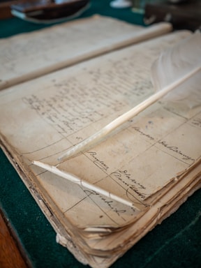 Feather quill rests on an old handwritten ledger.