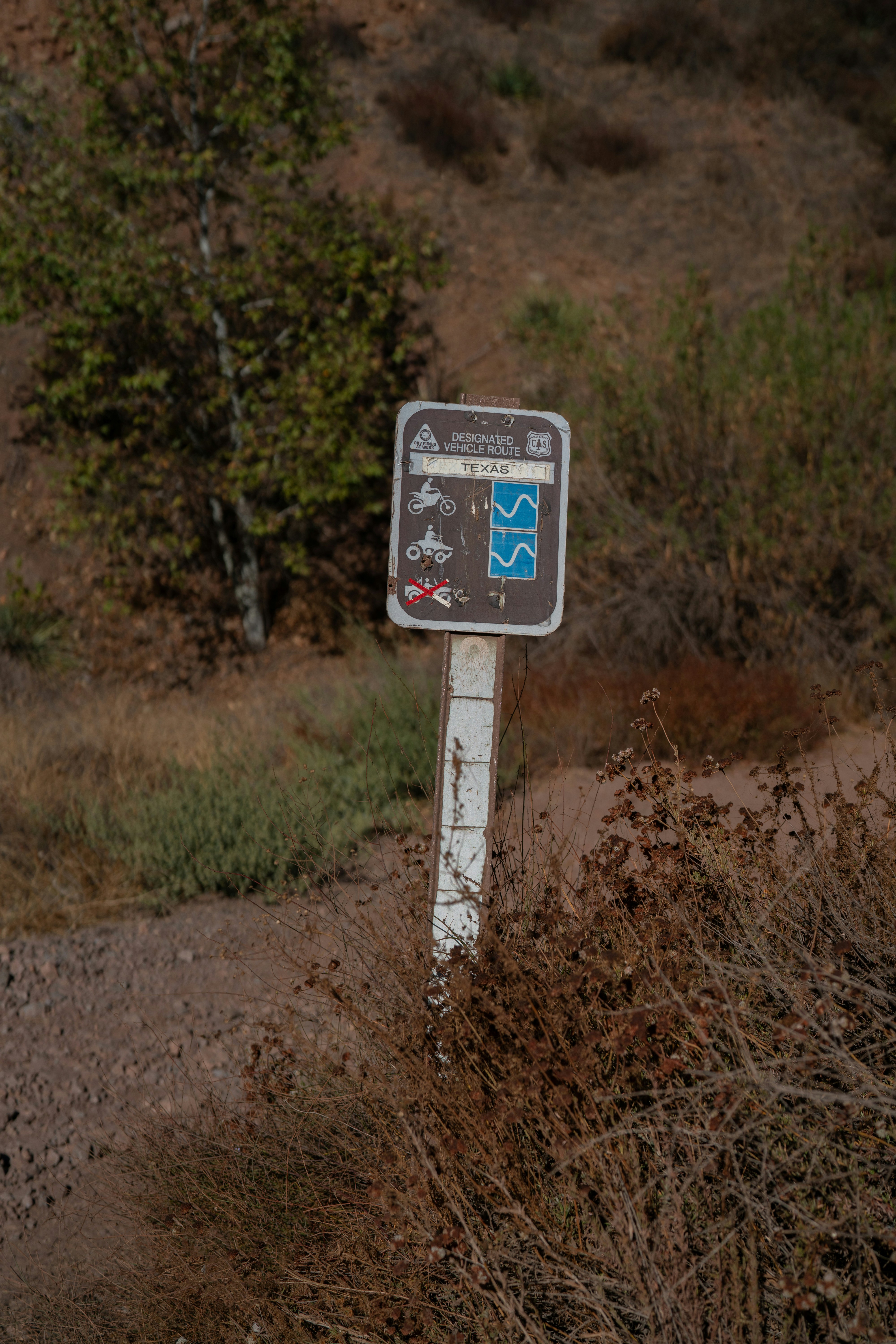 Sinal de trilha com símbolos para ciclismo e água.