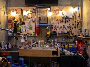 Workshop wall with tools and workbench