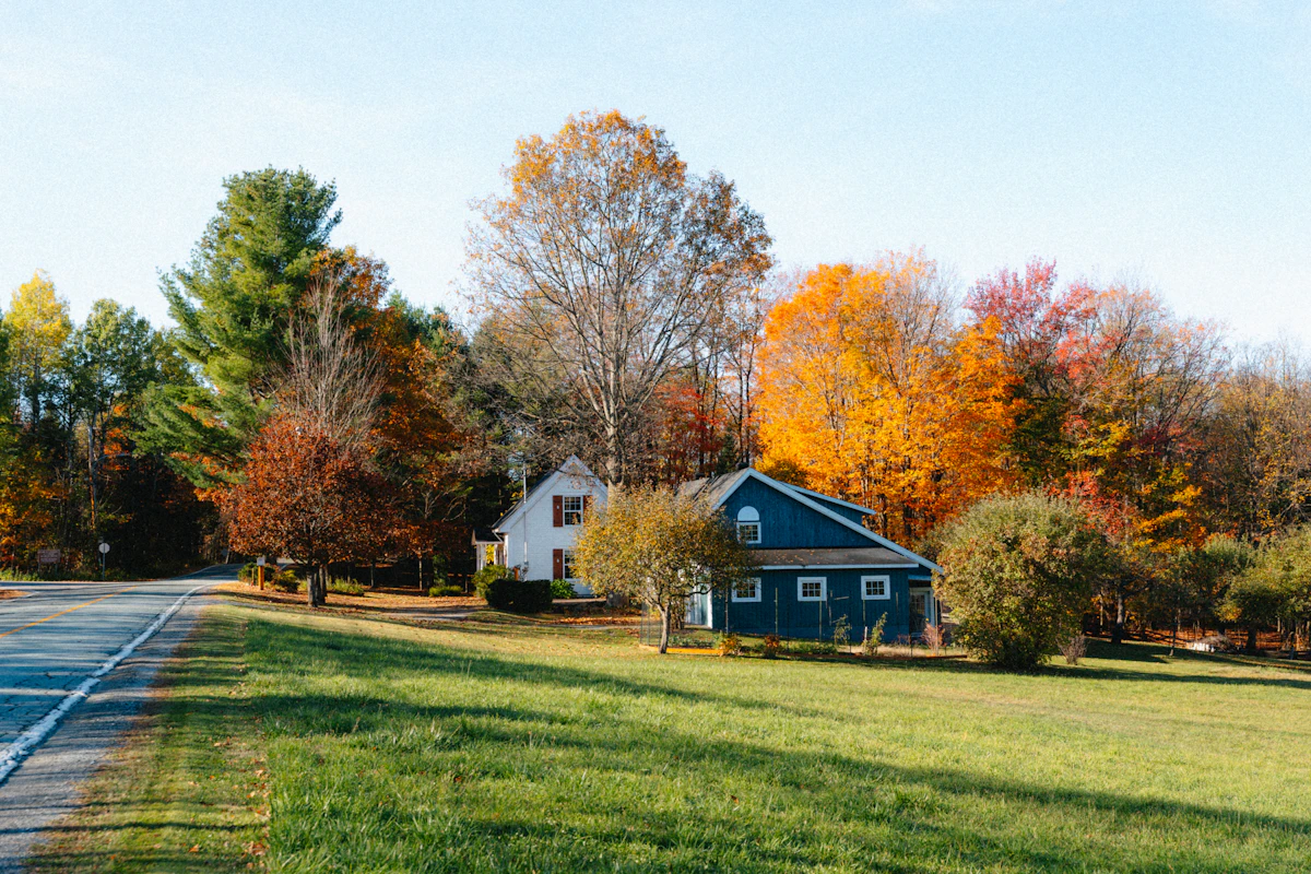 Blue cape house with fall foliage and a wide front lawn