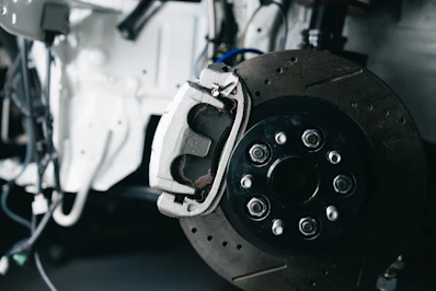 Close-up of a car's brake rotor and caliper