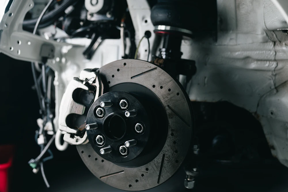 Close-up of a performance brake disc and caliper