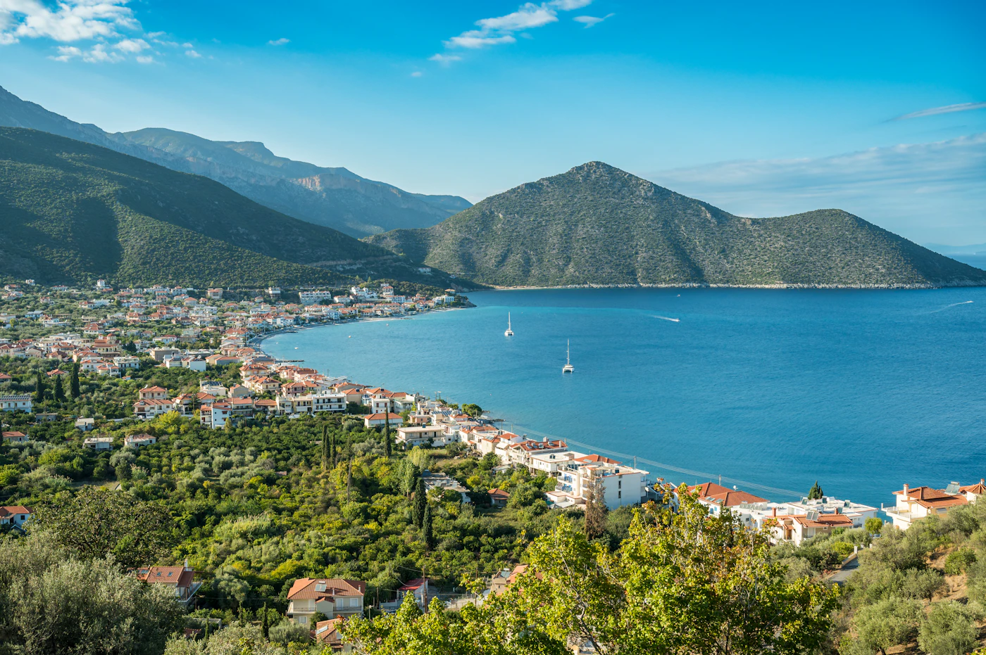 Mediterranean coastal bay with mountains and clear blue water