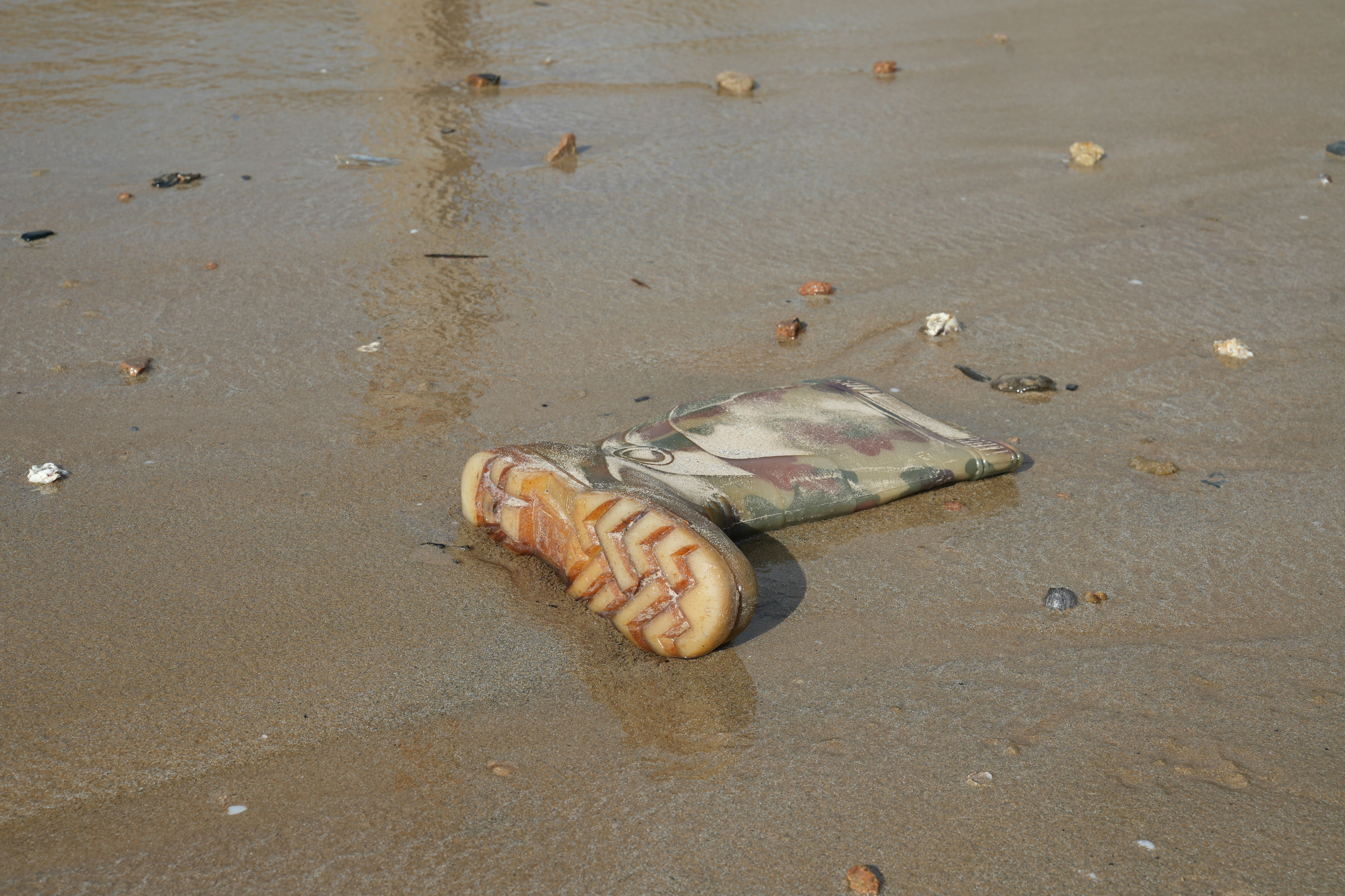 A single boot lies on a wet sandy beach.