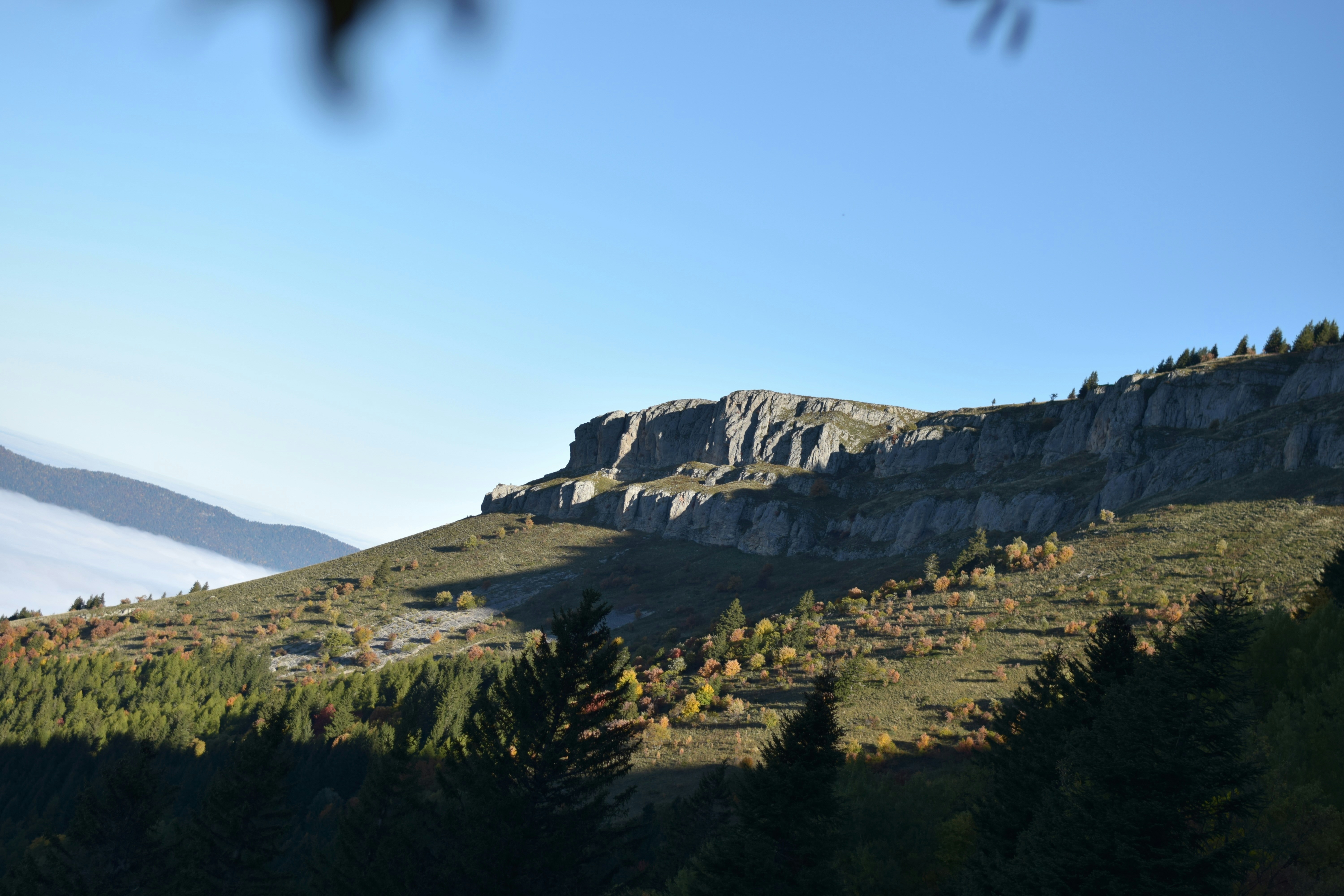 Rocky mountain ridge with autumn trees and clear sky