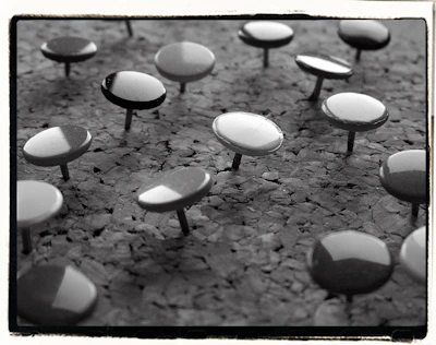 Many thumbtacks on a corkboard